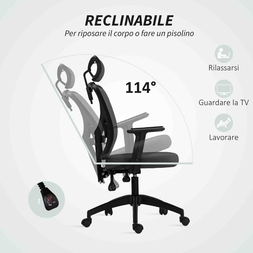Ergonomic and Adjustable Office Chair with Lumbar Support and Headrest, 66x61x106-116 cm, Grey