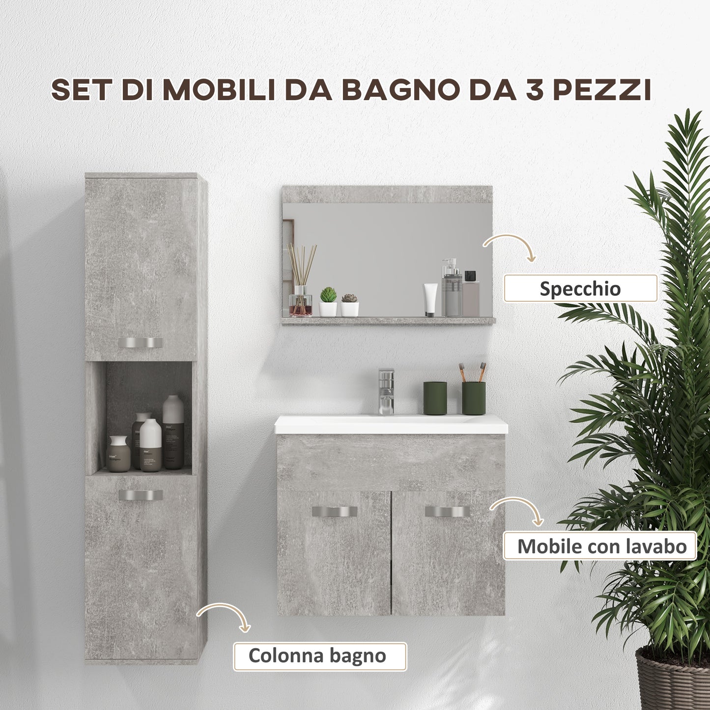 Kleankin 4 Piece Bathroom Furniture Set with 60cm Sink, Cabinet, Bathroom Column and Wooden Mirror, Grey