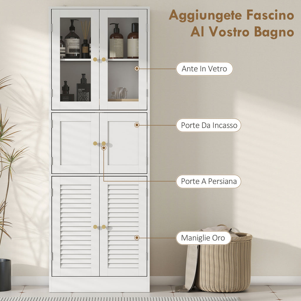 Bathroom Cabinet with 3 Glass and Wood 2-Door Cabinets, Adjustable Shelves, 60x30x170 cm, White