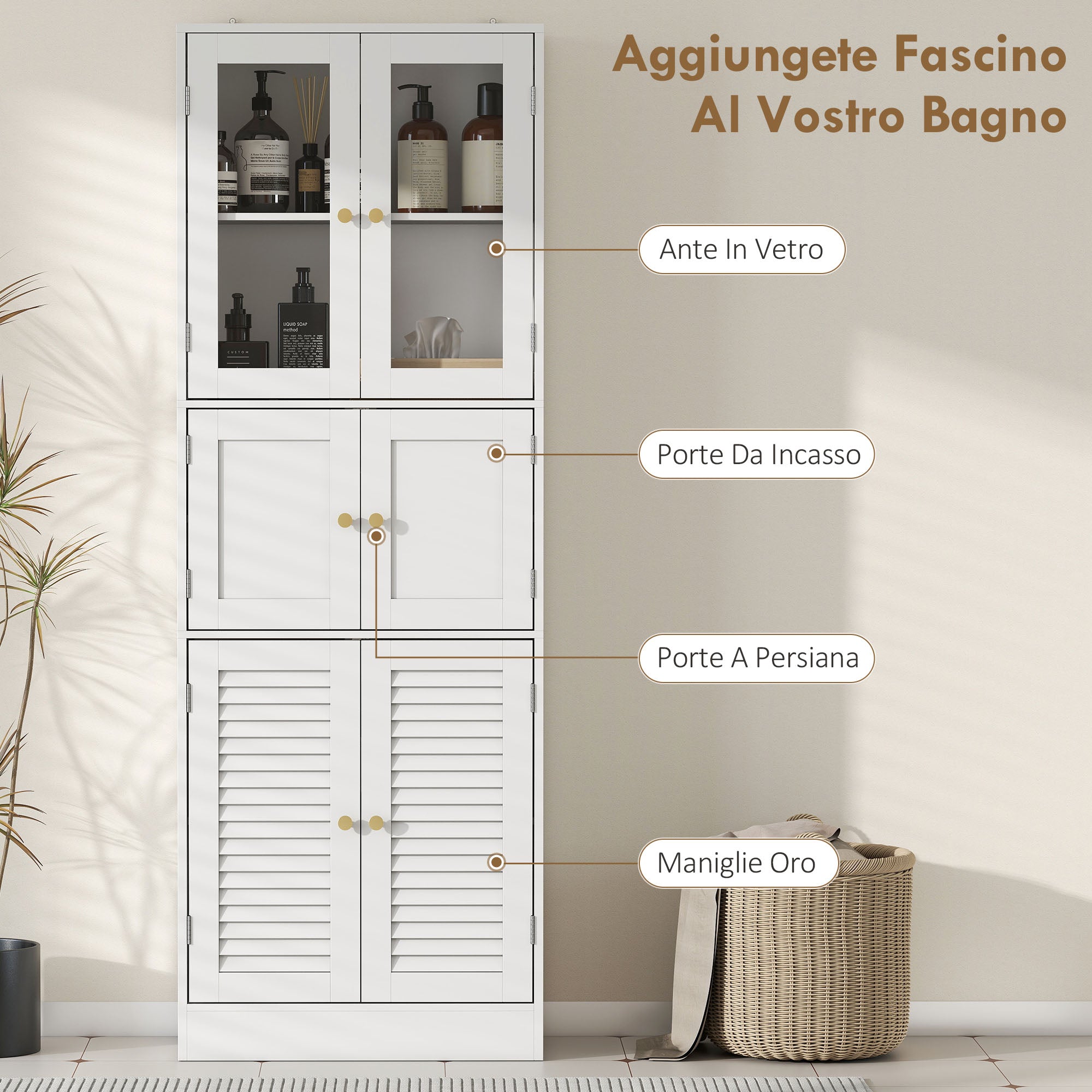 Bathroom Cabinet with 3 Glass and Wood 2-Door Cabinets, Adjustable Shelves, 60x30x170 cm, White