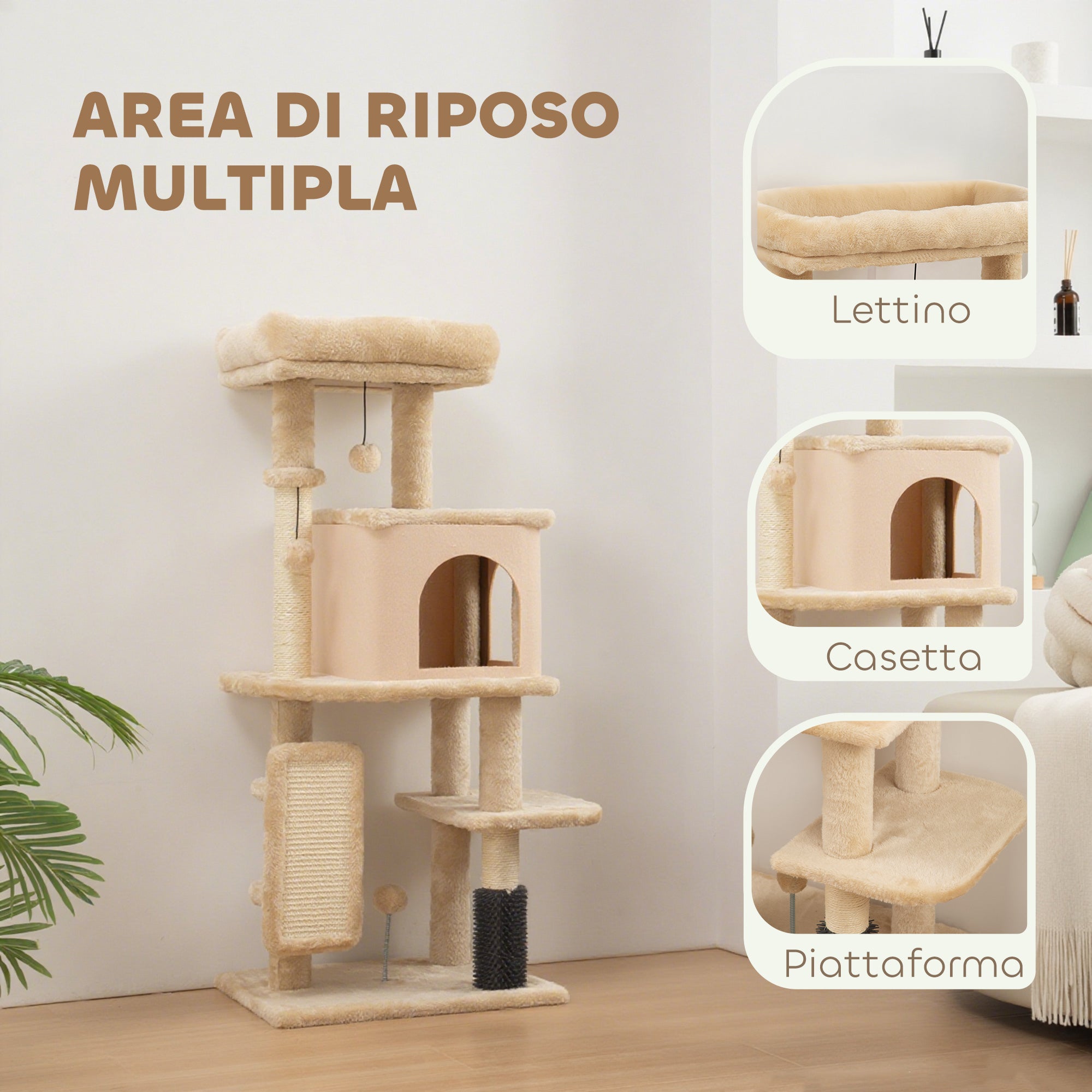 Multi-Level Cat Tree, 132 cm Tall, with House, Bed, Scratching Posts, Brush and Ball, Beige