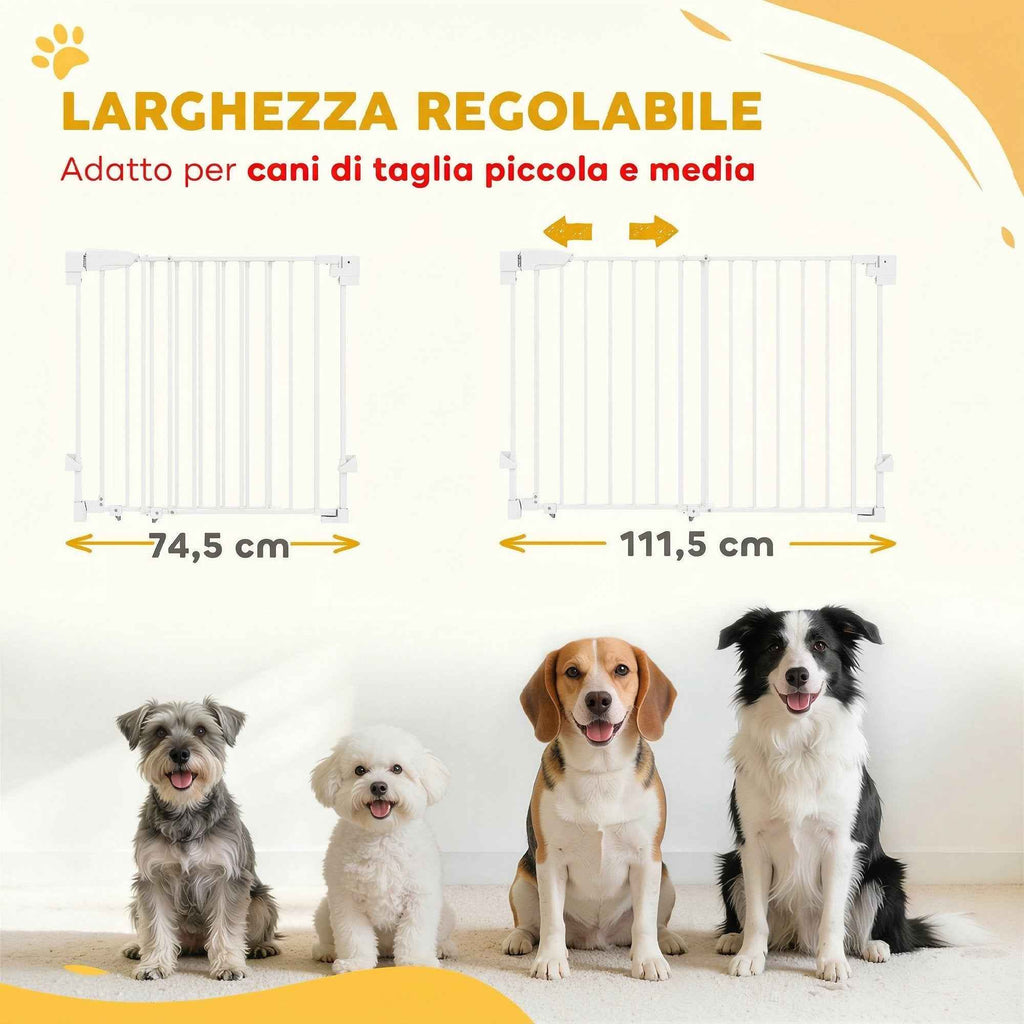 PawHut Dog Safety Gate, 74.5-111.5x74.5 cm, Stairs, Self-Closing, One-Handed Opening, White
