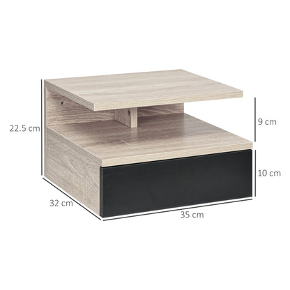 Set of 2 Modern Floating Bedside Tables with Drawer and Top Shelf, 35x32x22.5cm, Oak and Black