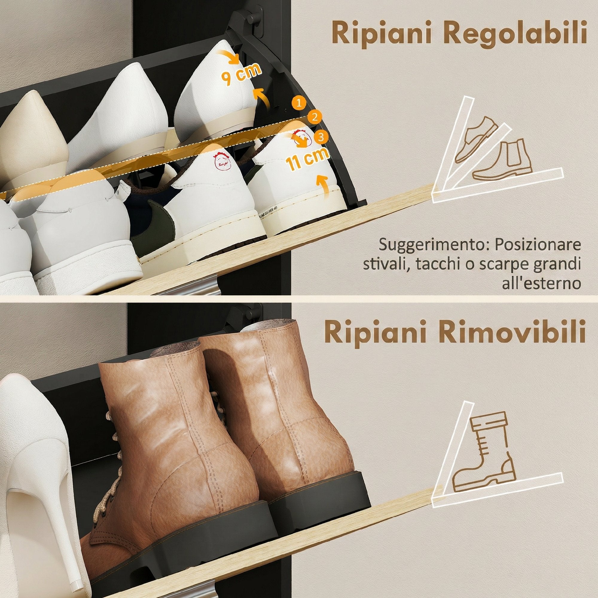 HOMCOM Shoe Cabinet: 2 Flap Drawers, Shelves, Black and Natural Wood.