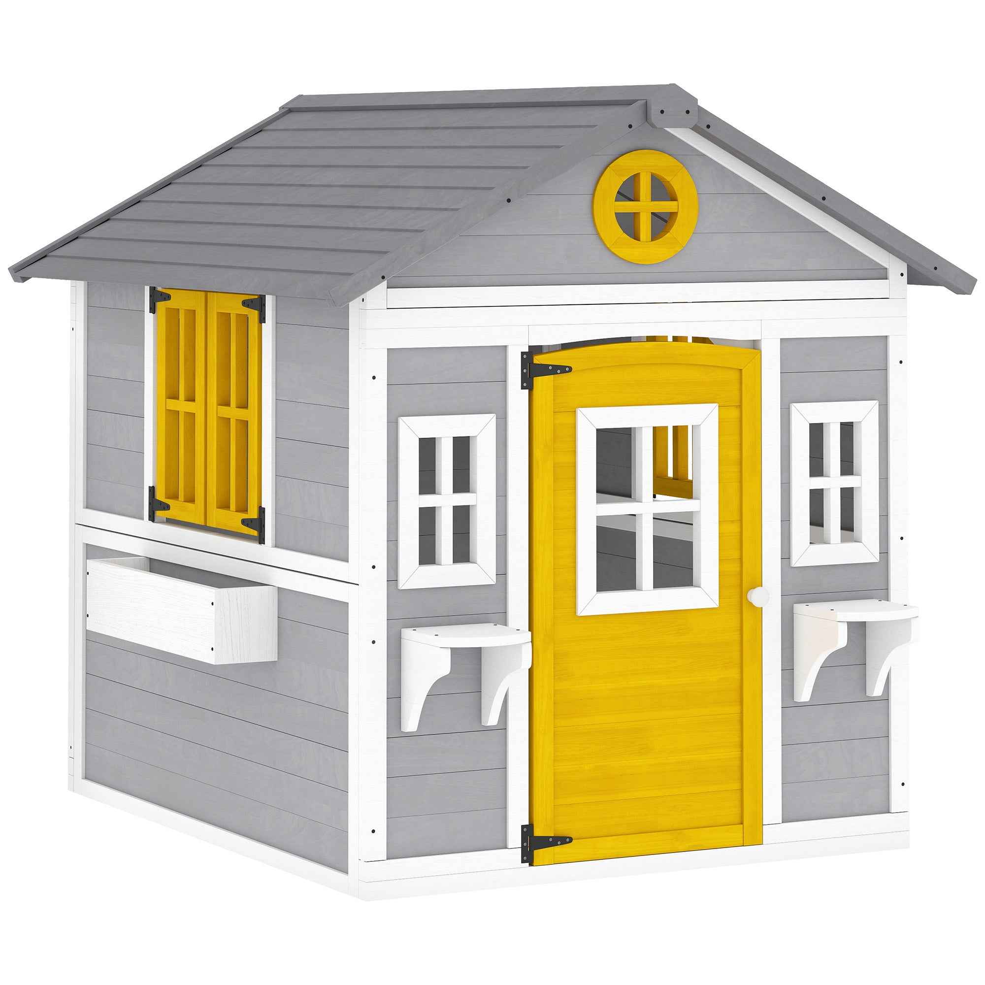 Outsunny Wooden Garden Playhouse for Children Ages 3-8 with Windows, Sloped Roof, Pots and Planters, Grey