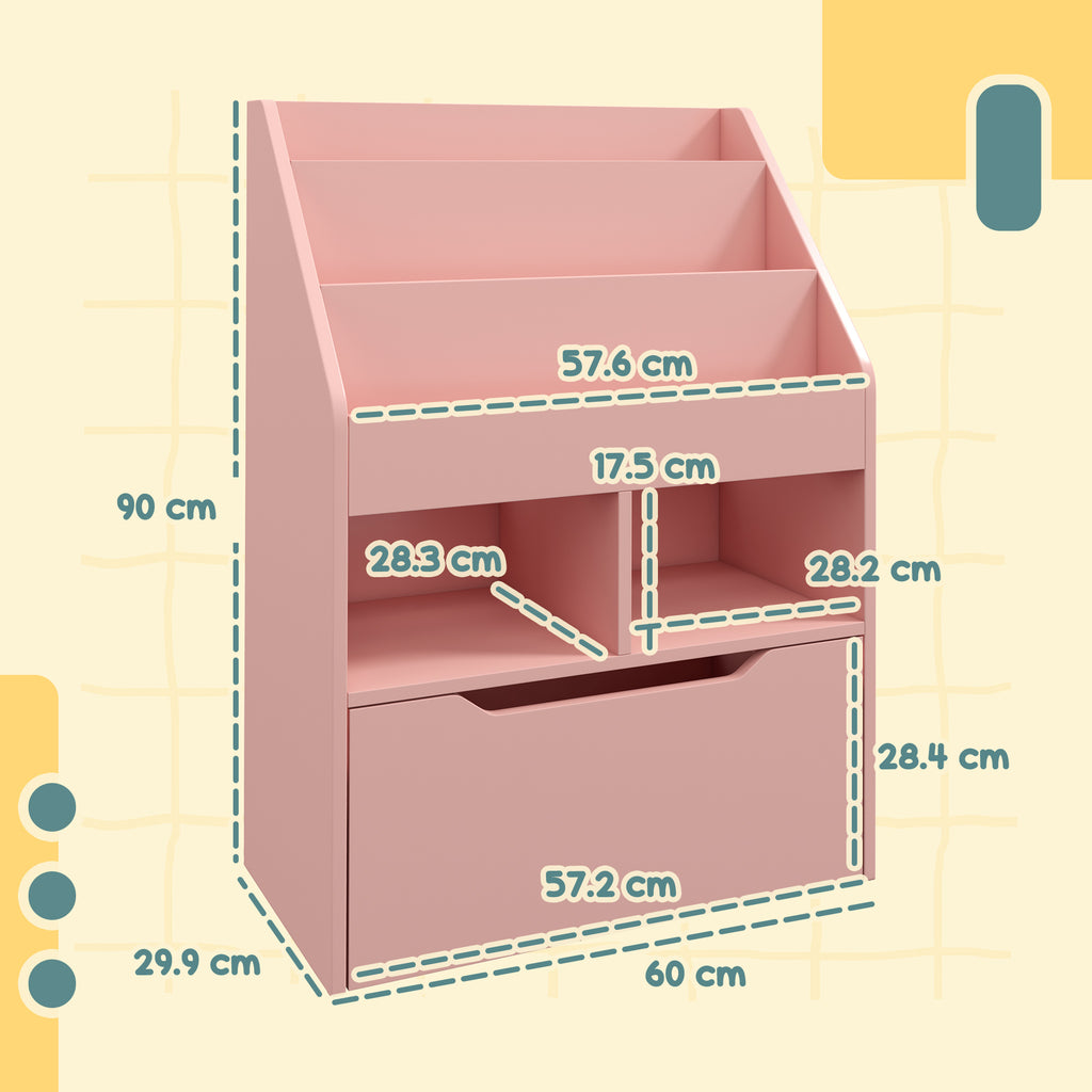 Small Children's Bookcase with MDF Shelves and Drawer, 60x29.9x90cm, Pink