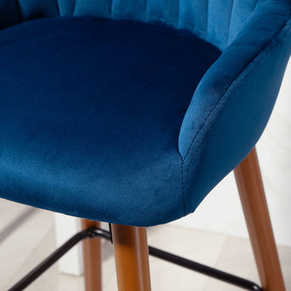 Set of 2 Modern Velvet Bar Stools with Backrest and Armrests, Wooden Base and Footrest, Dark Blue