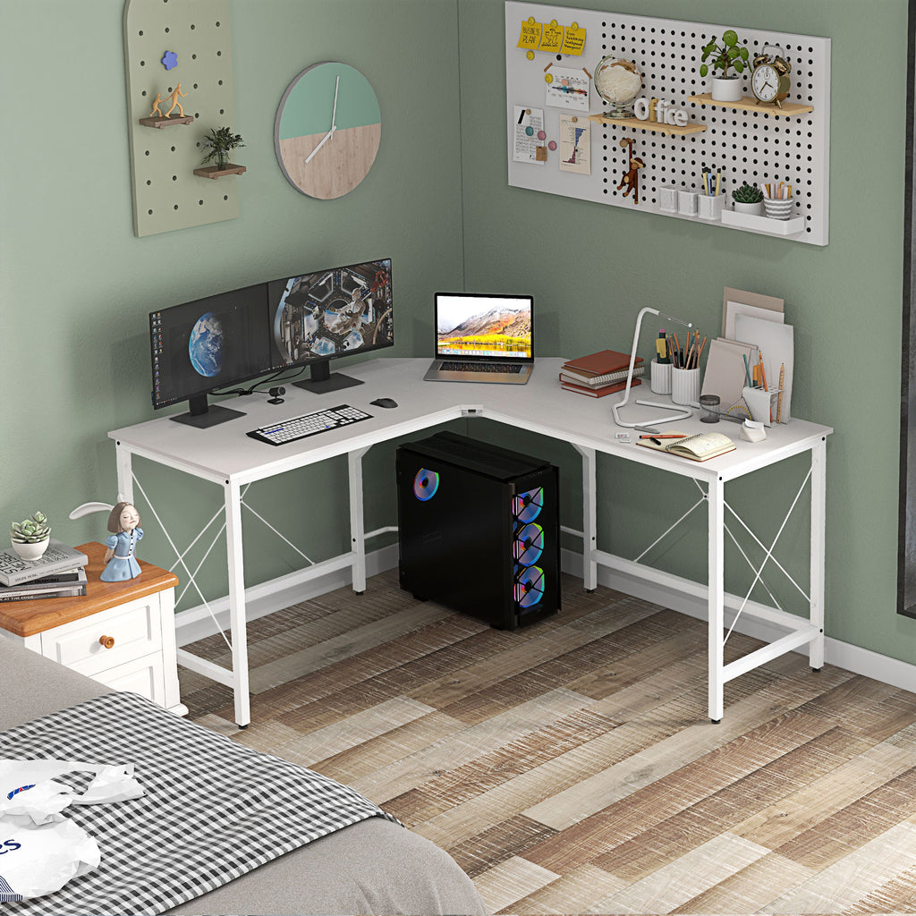 L-Shaped Corner Desk with Adjustable Feet, Wood and Steel, 150x150x76 cm, White
