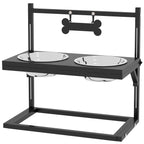 PawHut Raised Dog Bowl Holder with Adjustable Height, 2 900ml Steel Bowls, Black - Borgè