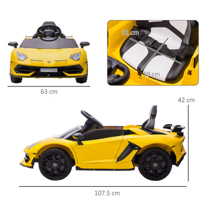 12V Electric Ride-On Toy Car with Lamborghini License, Remote Control, Horn and Music, Yellow