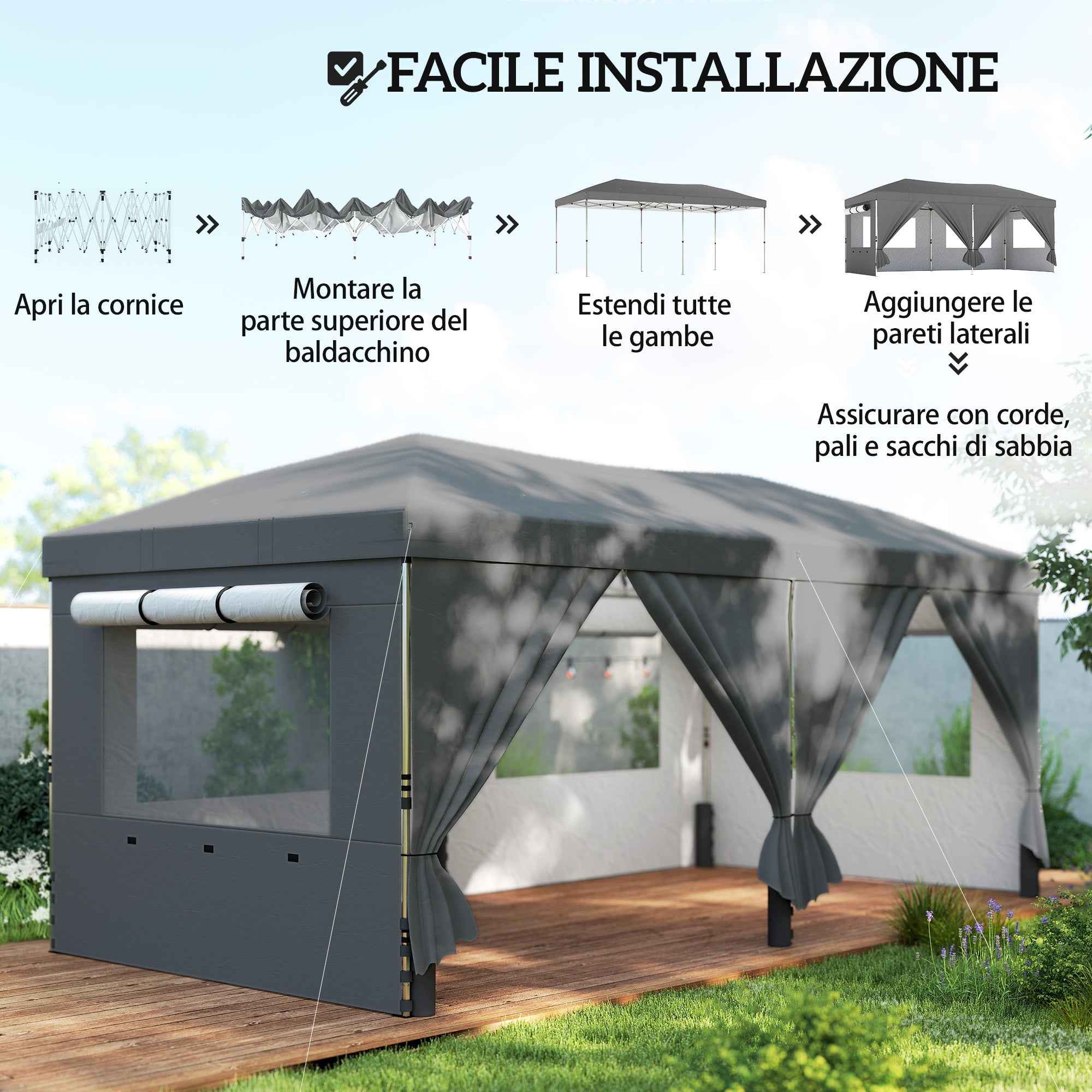 Outsunny 3x6m Pop Up Folding Gazebo with 6 Side Walls, Sandbags, Wheeled Bag, UV50+, Dark Grey