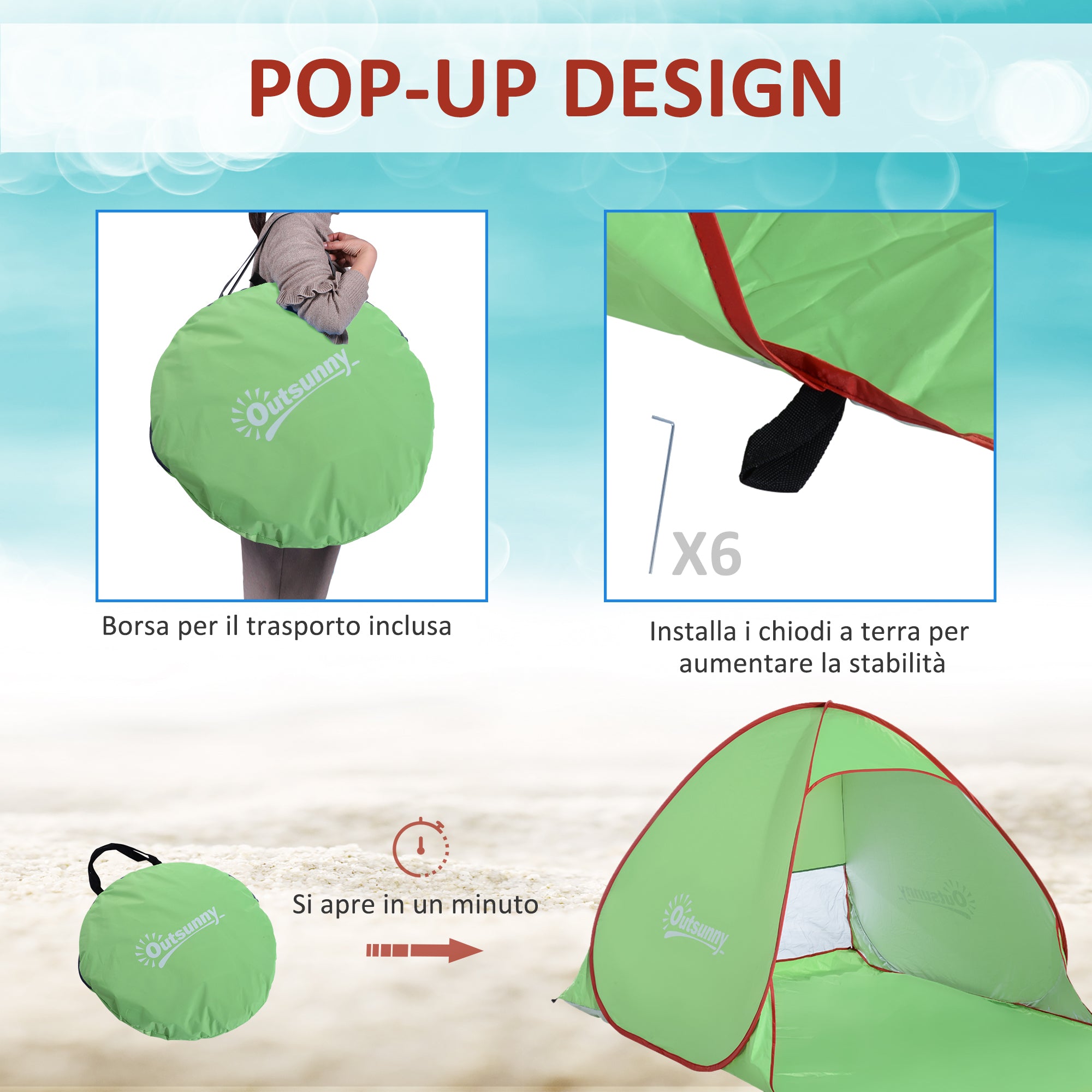 Pop Up Beach Tent with UV 30+ Protection and Transport Bag, 200x150x119 cm, Green