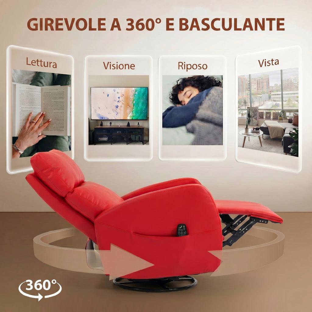 HOMCOM PU Leather Reclining Massage Chair with Heated Footrest and Remote Control, Red