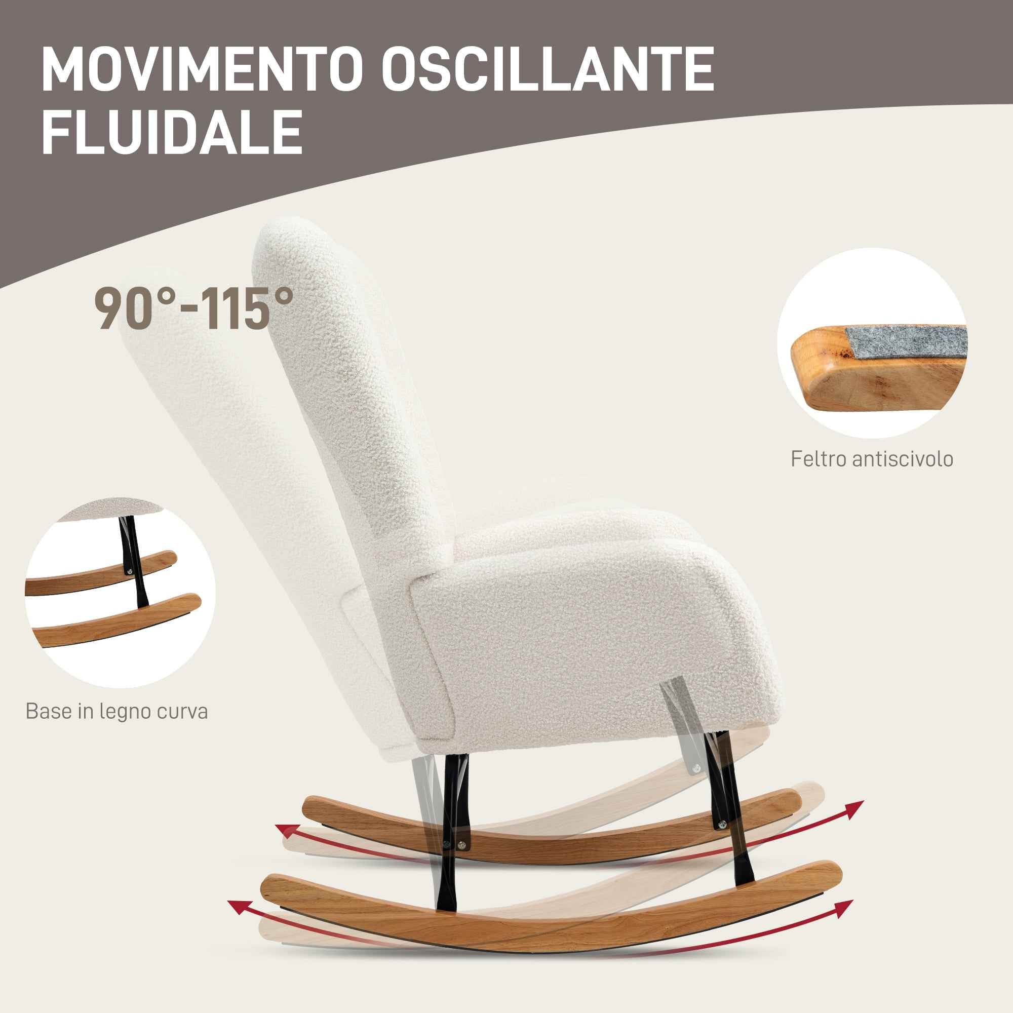 Teddy Velvet Rocking Chair, Metal and Wood for Bedroom and Living Room, 70x94x100 cm, Cream White