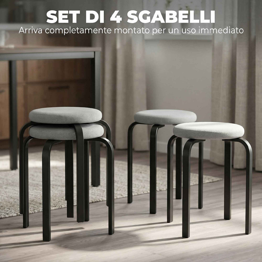 HOMCOM Set of 4 Modern Stackable Stools with Cushion, Round, Grey