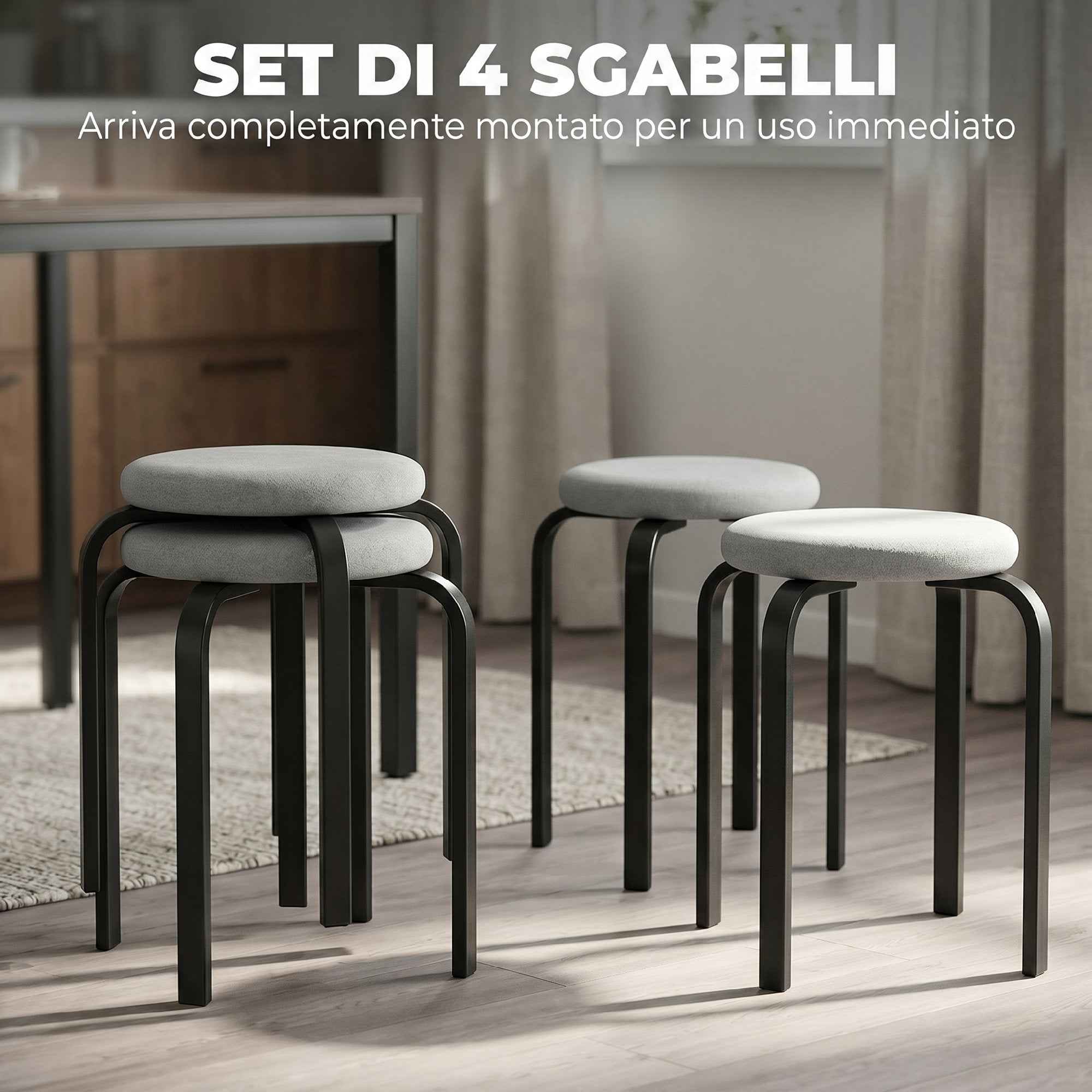 HOMCOM Set of 4 Modern Stackable Stools with Cushion, Round, Grey