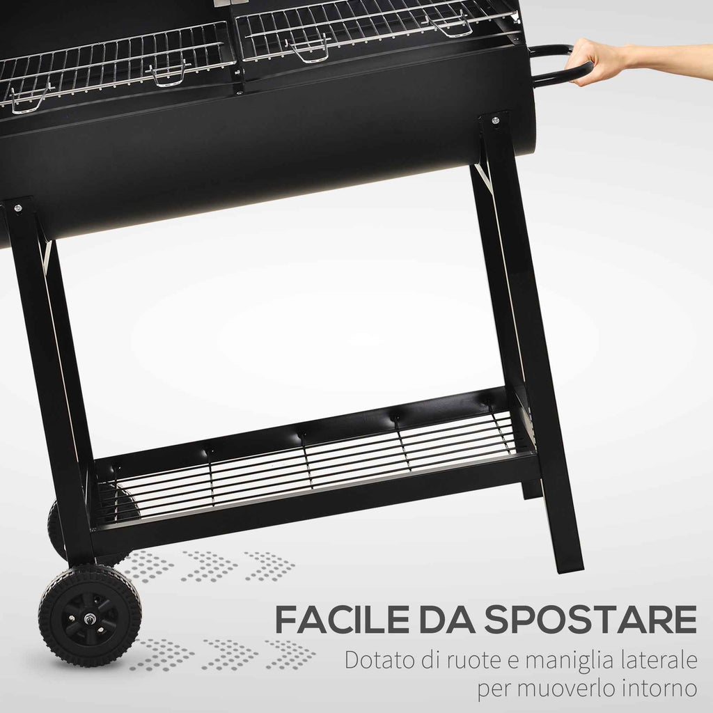 Outsunny Steel Barbecue with 2 Independent Grills, 2 Wheels, and Bottom Shelf | Black | 90cm x 45cm x 96cm