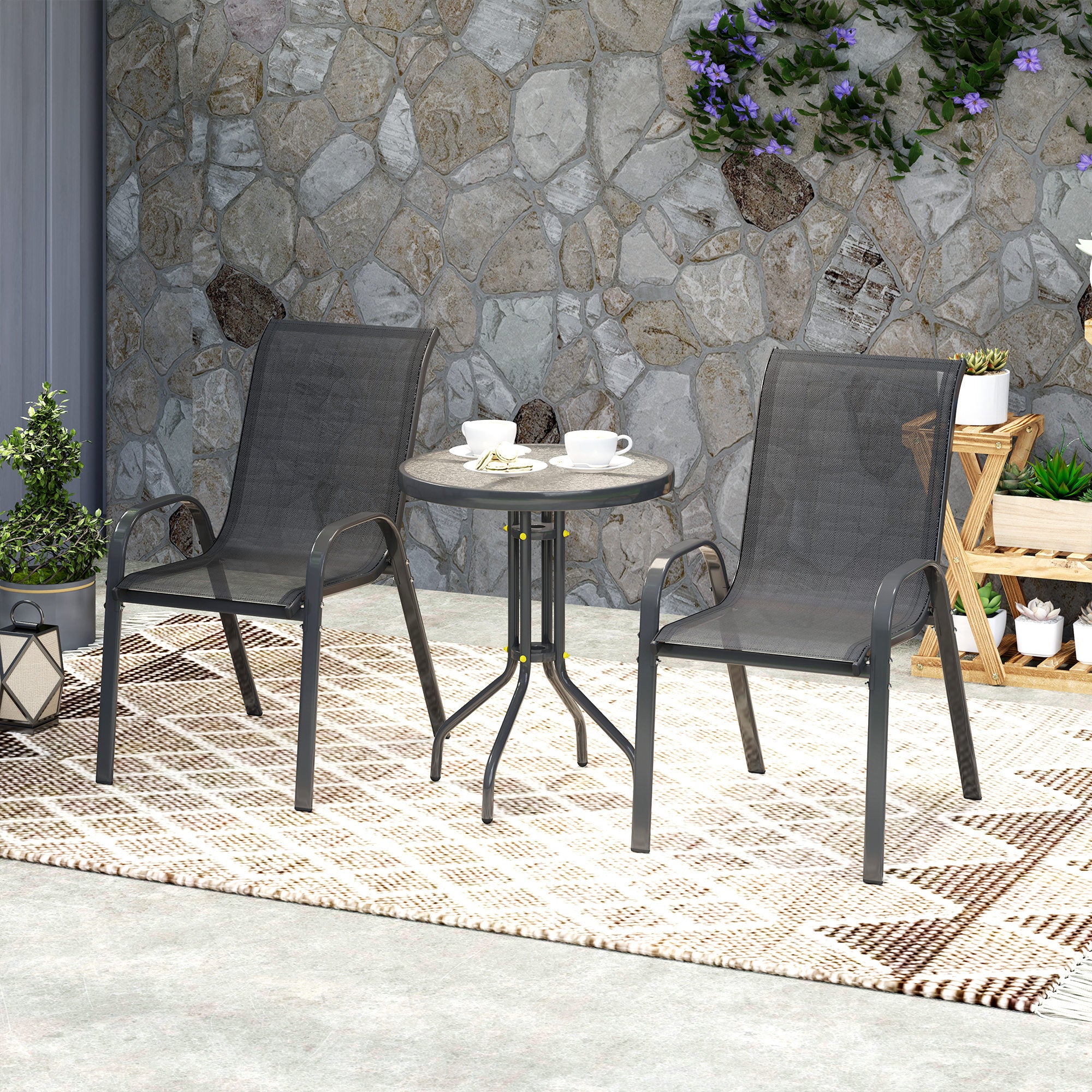 3 Piece Garden Set with 2 Garden Chairs 54x71x93 cm and Round Table Ø60x71 cm in Black Steel