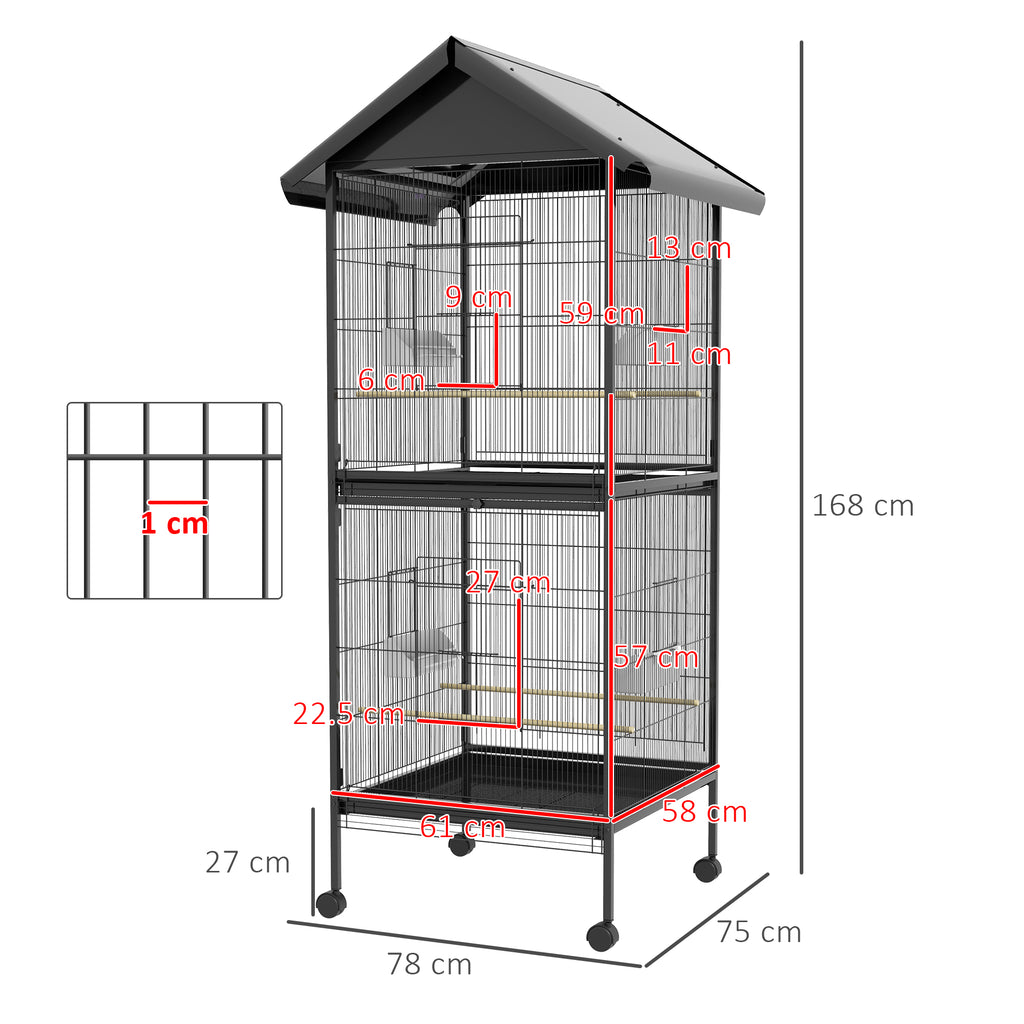 PawHut Wheeled Bird Aviary with Removable Plastic Trays and Perches, Metal, 71.8 x 71.8 x 170.2 cm, Black
