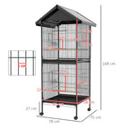PawHut Wheeled Bird Aviary with Removable Plastic Trays and Perches, Metal, 71.8 x 71.8 x 170.2 cm, Black