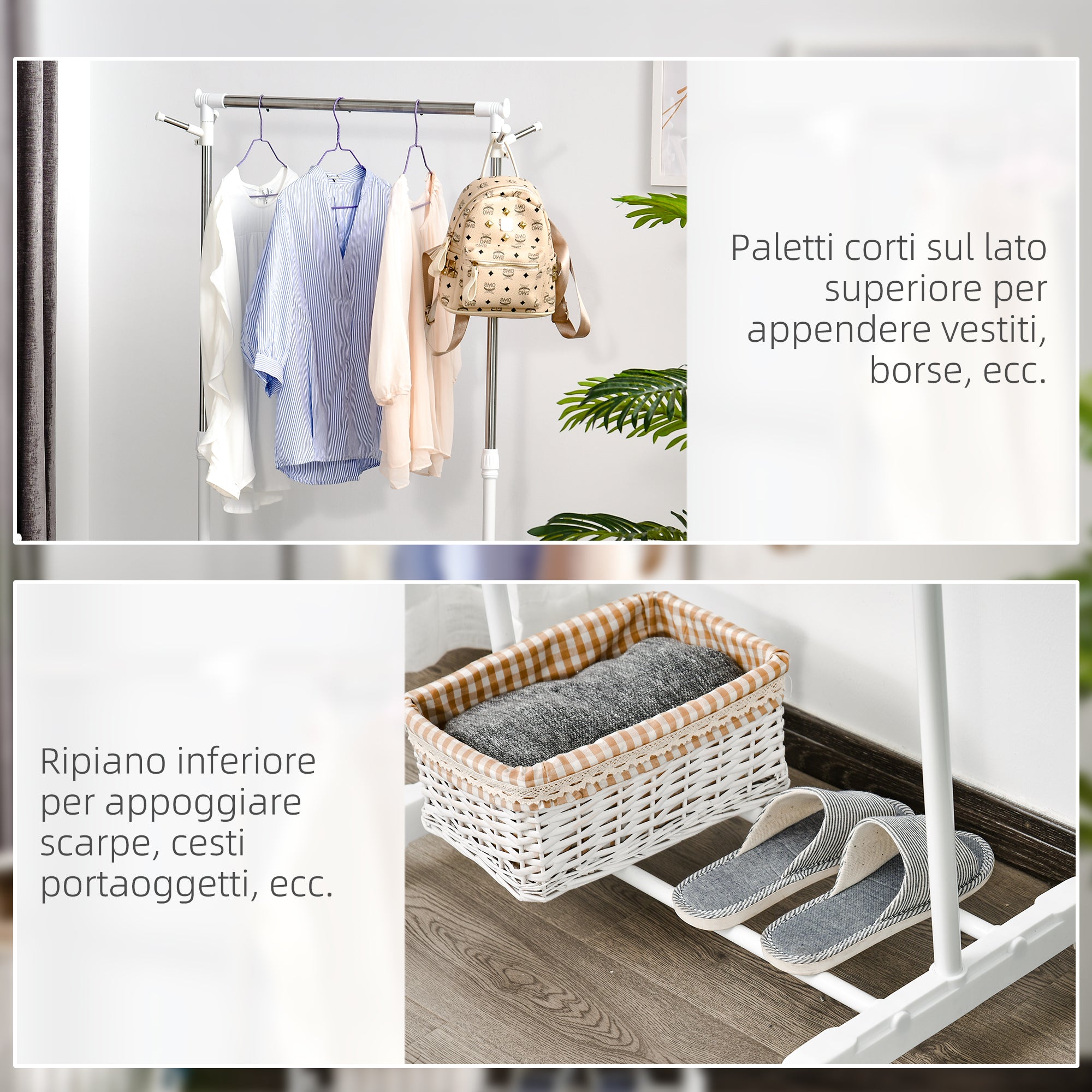 Adjustable Height Clothes Rail with Storage Base and 4 Wheels, 68.5x42x87-145 cm