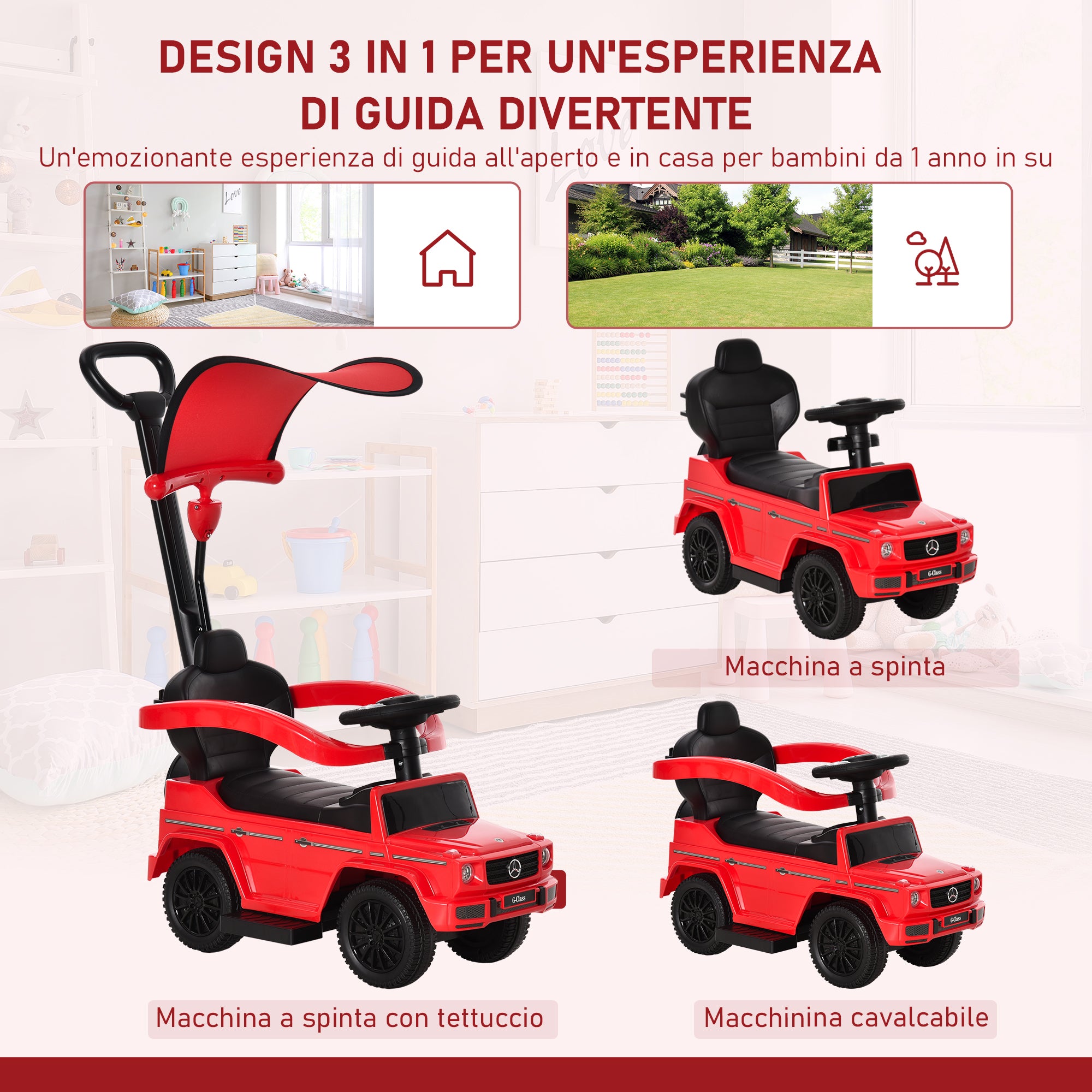 Push Car for Children 12-36 Months with Mercedes License, Canopy and Handle, 85.5x40. 5x95 cm, Red