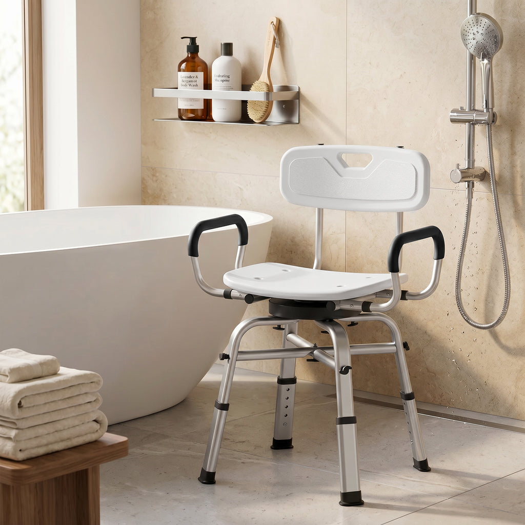 HOMCOM Height-Adjustable Swivel Shower Chair with Armrests, Backrest, 150kg Capacity, White
