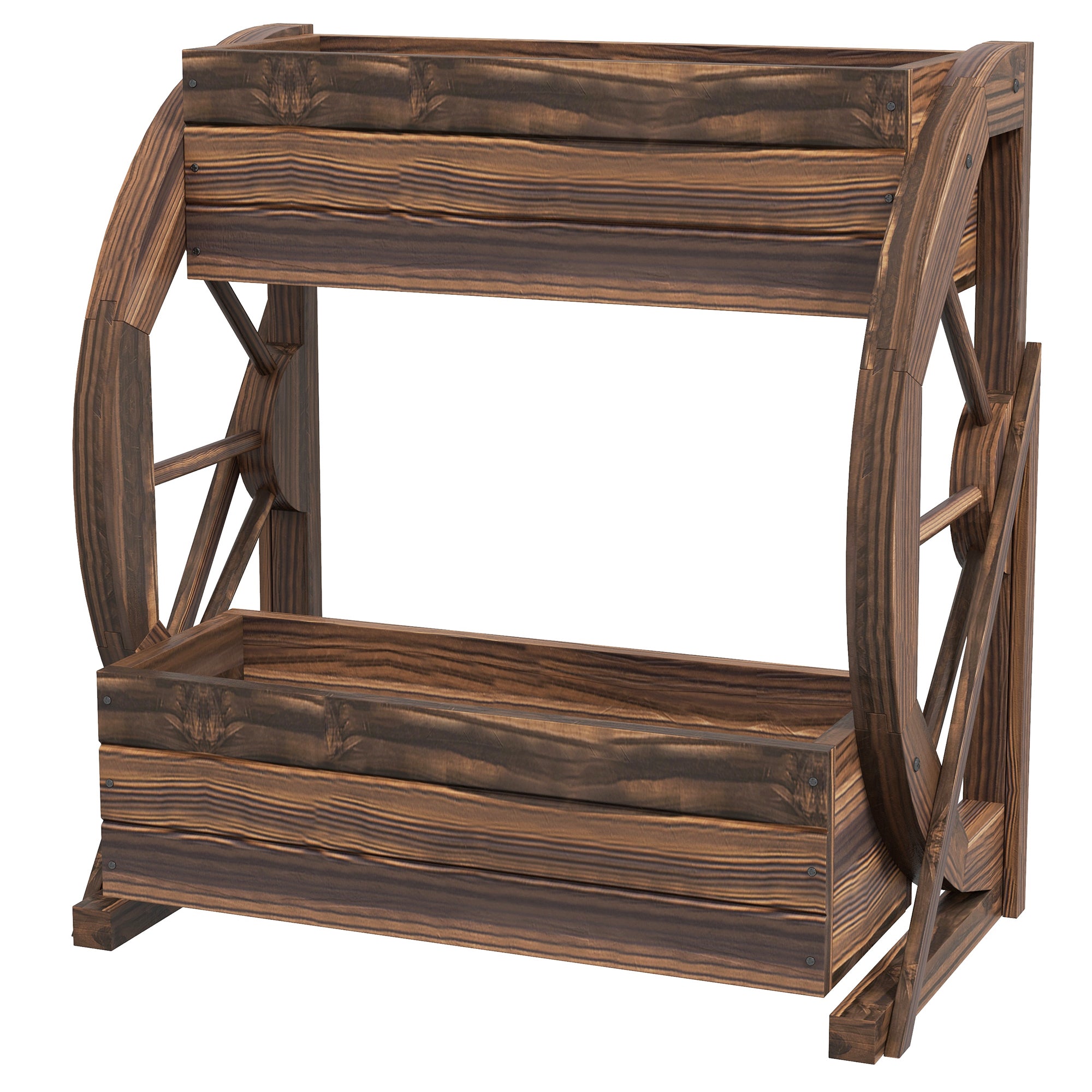 Outsunny Wooden Wood Fioriera at 2 levels with 3 vases and Country style wagon wheels, 55x32x56cm - Borgè