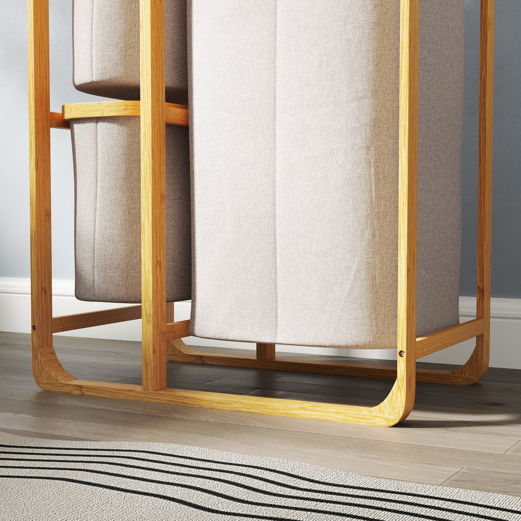 Bamboo Laundry Basket with 3 Bags and Removable Fabric Shelves, 50x32x69.7 cm, Bamboo and Cream