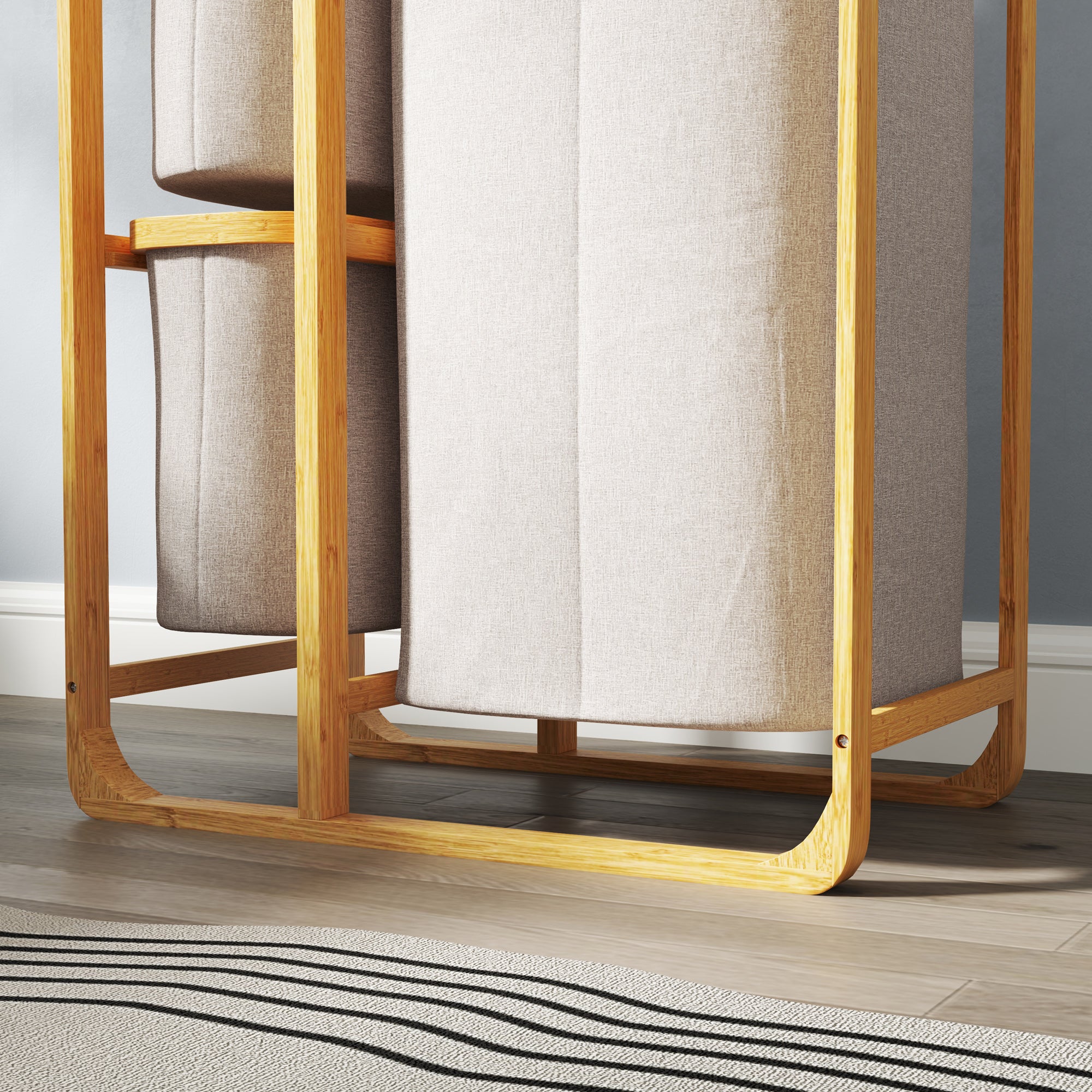 Bamboo Laundry Basket with 3 Bags and Removable Fabric Shelves, 50x32x69.7 cm, Bamboo and Cream
