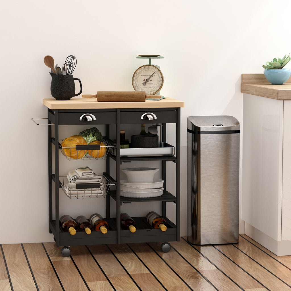 Kitchen trolley with drawers and wine bottle holder in wood and black - Borgè