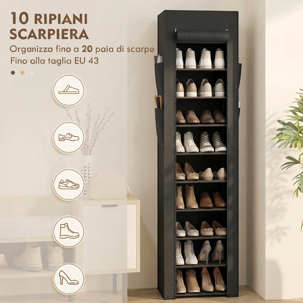 HOMCOM 10-Tier Shoe Rack, Dust Cover, 20 Pairs, 45x30x175 cm, Black