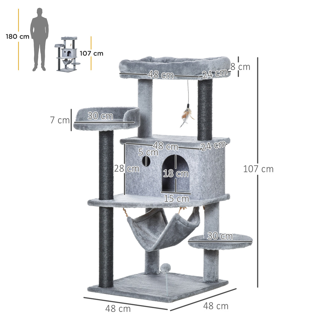 Cat Scratching Tree with Pole, House, Bed, Hammock and 2 Wooden and Plush Toys, 48x48x107 cm, Grey