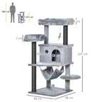 Cat Scratching Tree with Pole, House, Bed, Hammock and 2 Wooden and Plush Toys, 48x48x107 cm, Grey