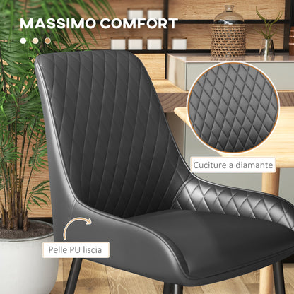 Set of 4 Padded Dining Chairs, Ergonomic and Diamond Quilted, in PU Leather and Steel, 49x60x89 cm, Black