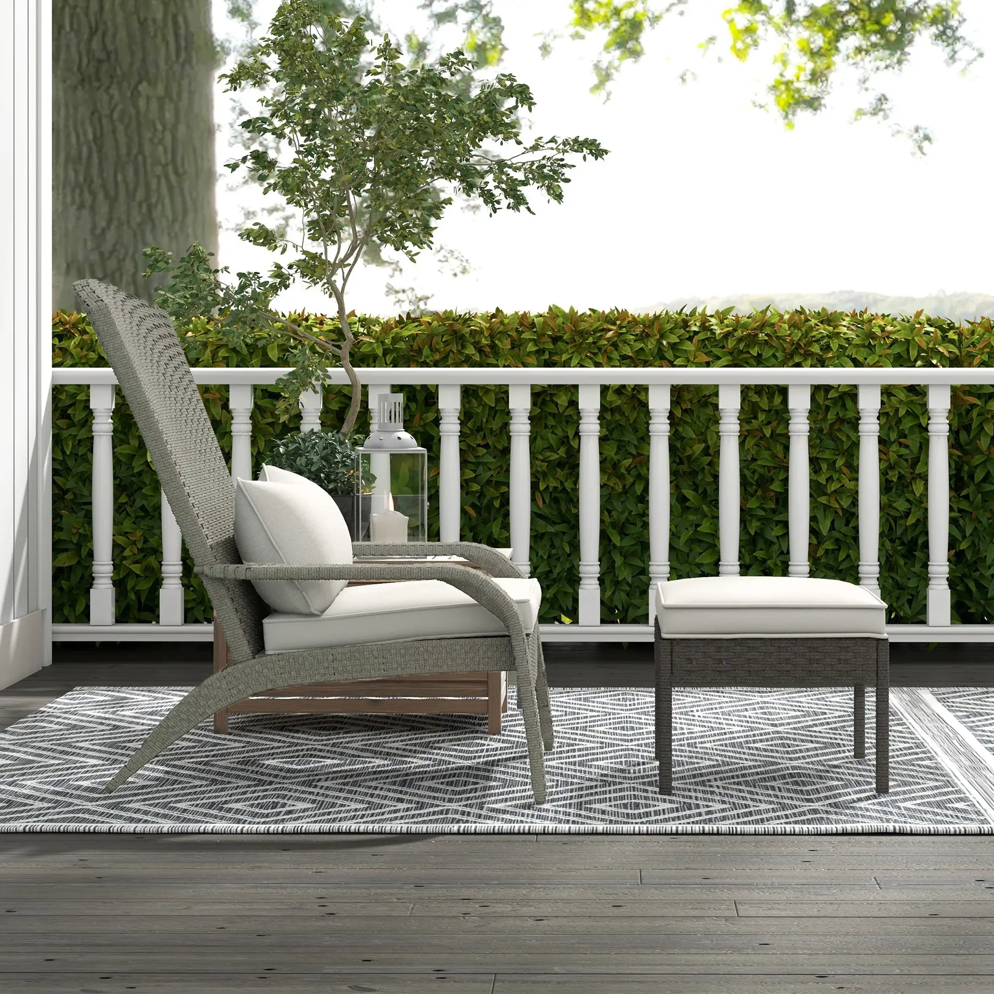 Garden Chair with Footrest and Padded Cushions, in Rattan and Steel, 64x82x89 cm, Grey and Cream