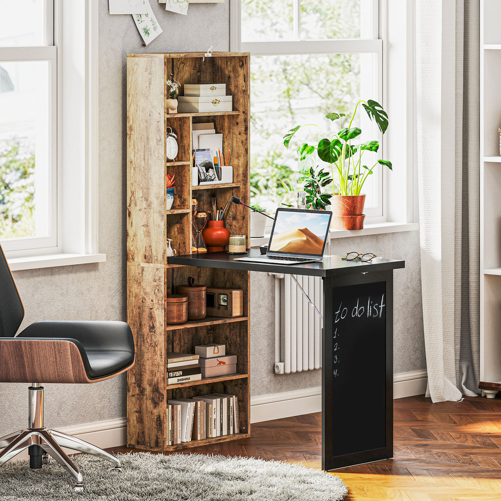 HOMCOM Modern Folding Desk with Bookshelf and Blackboard, Wood and Metal, 98x51x153 cm, Rustic Brown