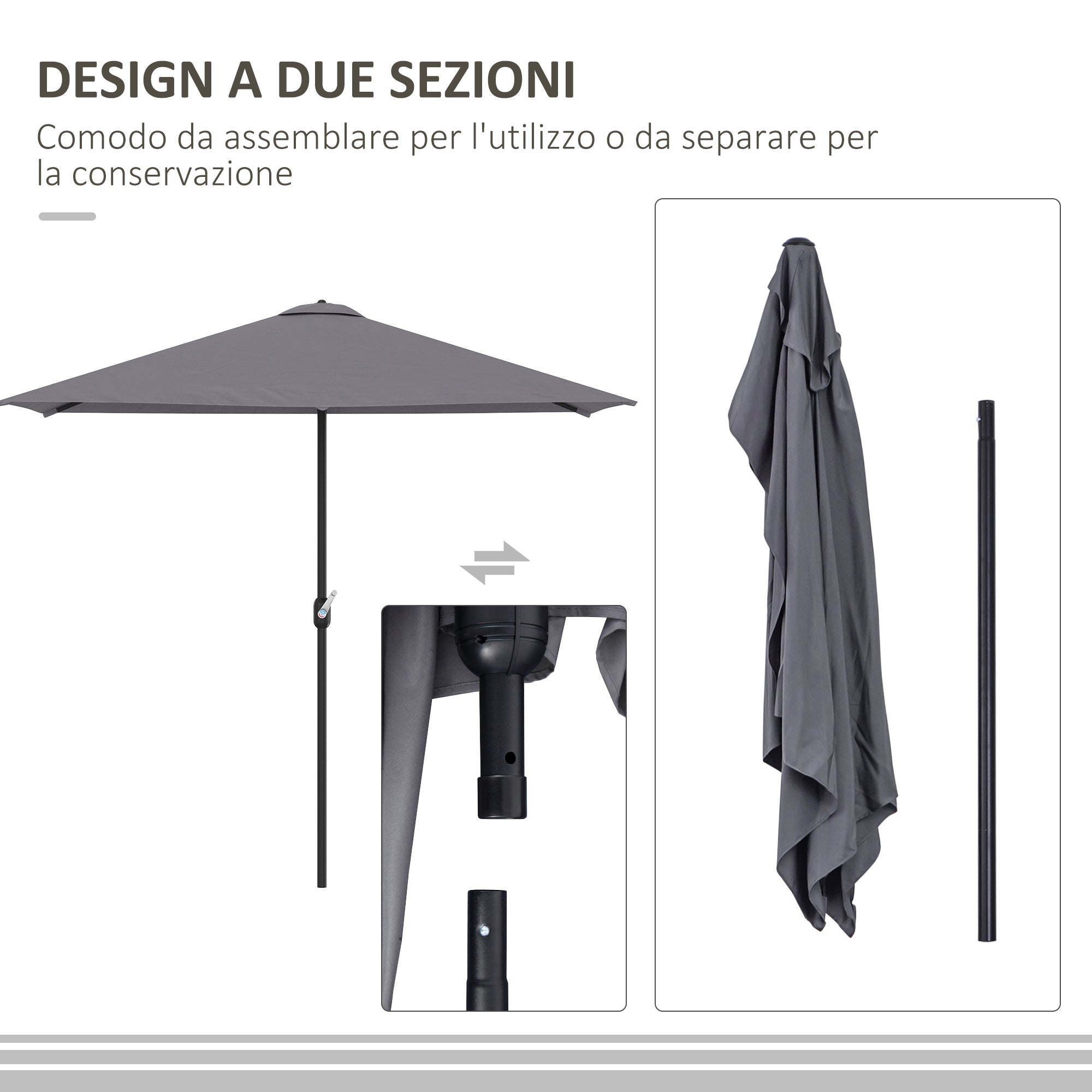 Space-saving Mezzaluna Wall Parasol with Crank Opening, Grey - Borgè