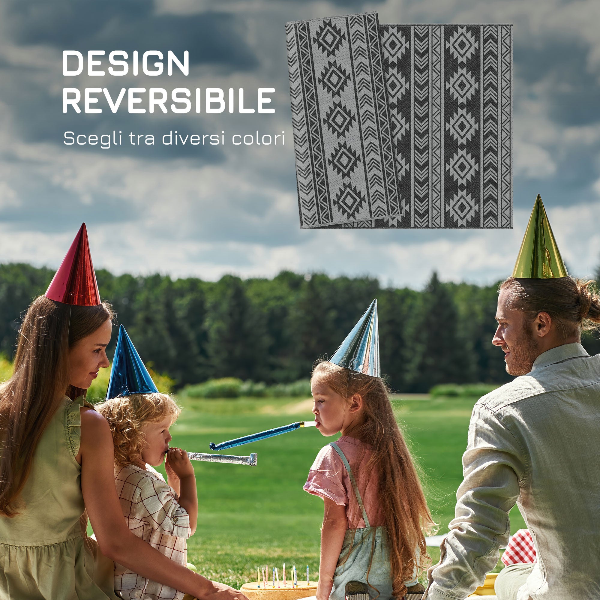 Modern Outdoor Rug Black and Grey PP with Reversible and Foldable Design, 182x274 cm