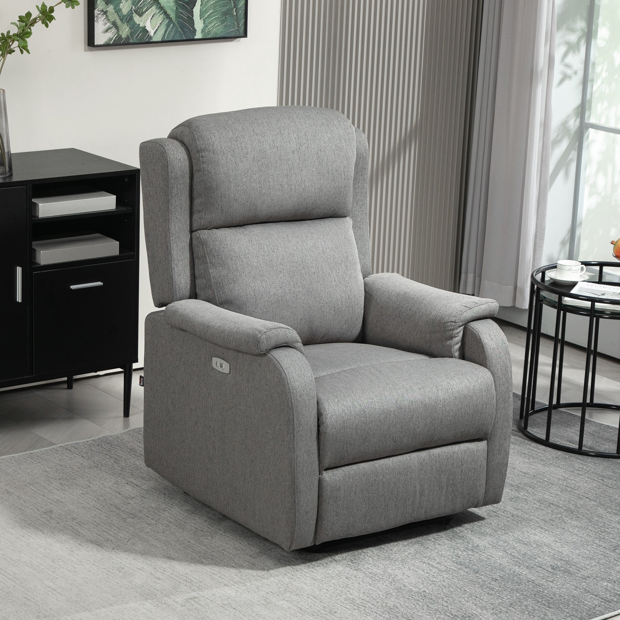 Reclining Chair with Footrest, in Linen Effect Fabric, Wood and Metal, 77x91x106 cm, Dark Grey