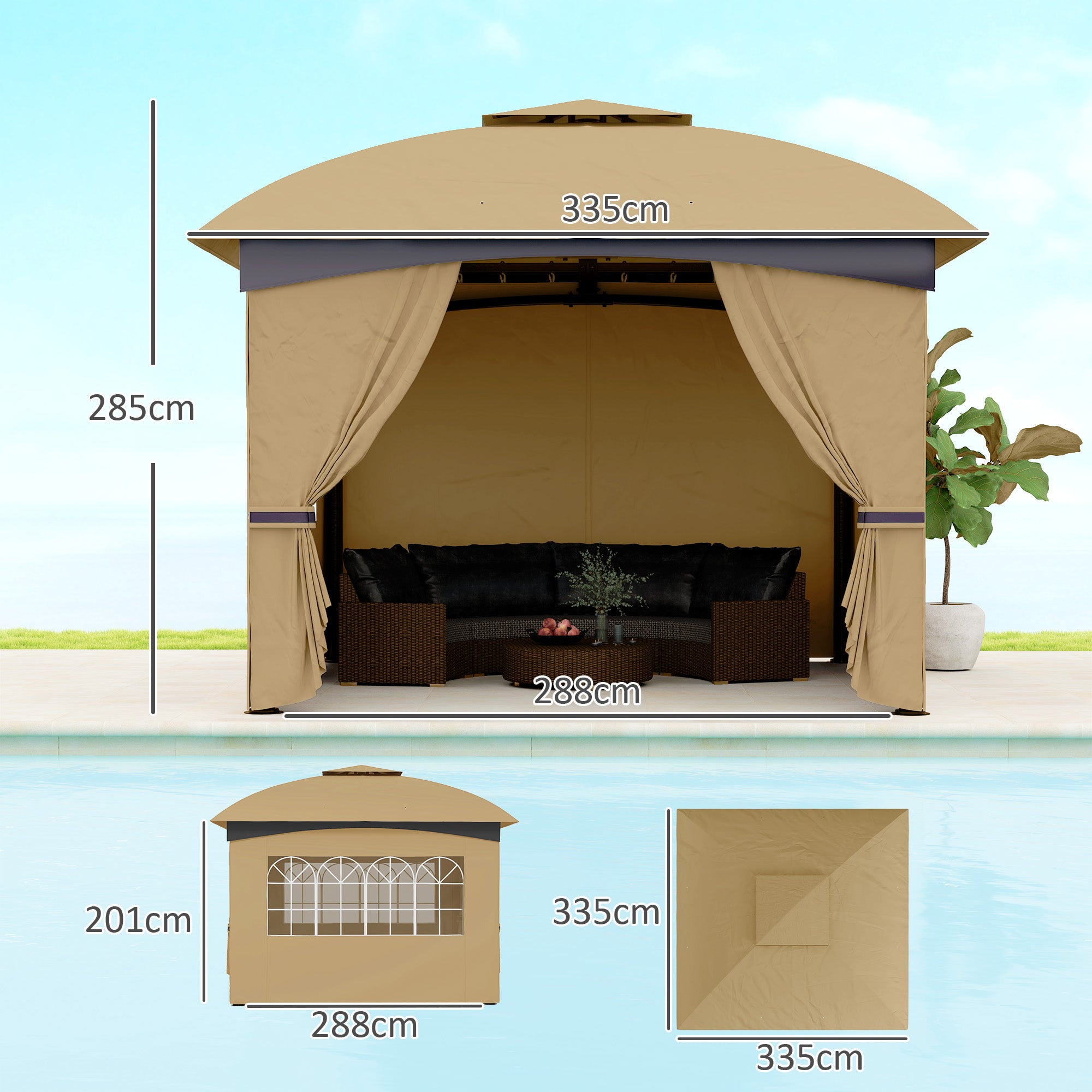Garden Gazebo 3.4x3.4m with Walls, UV Protection and 2-Tier Roof, Beige