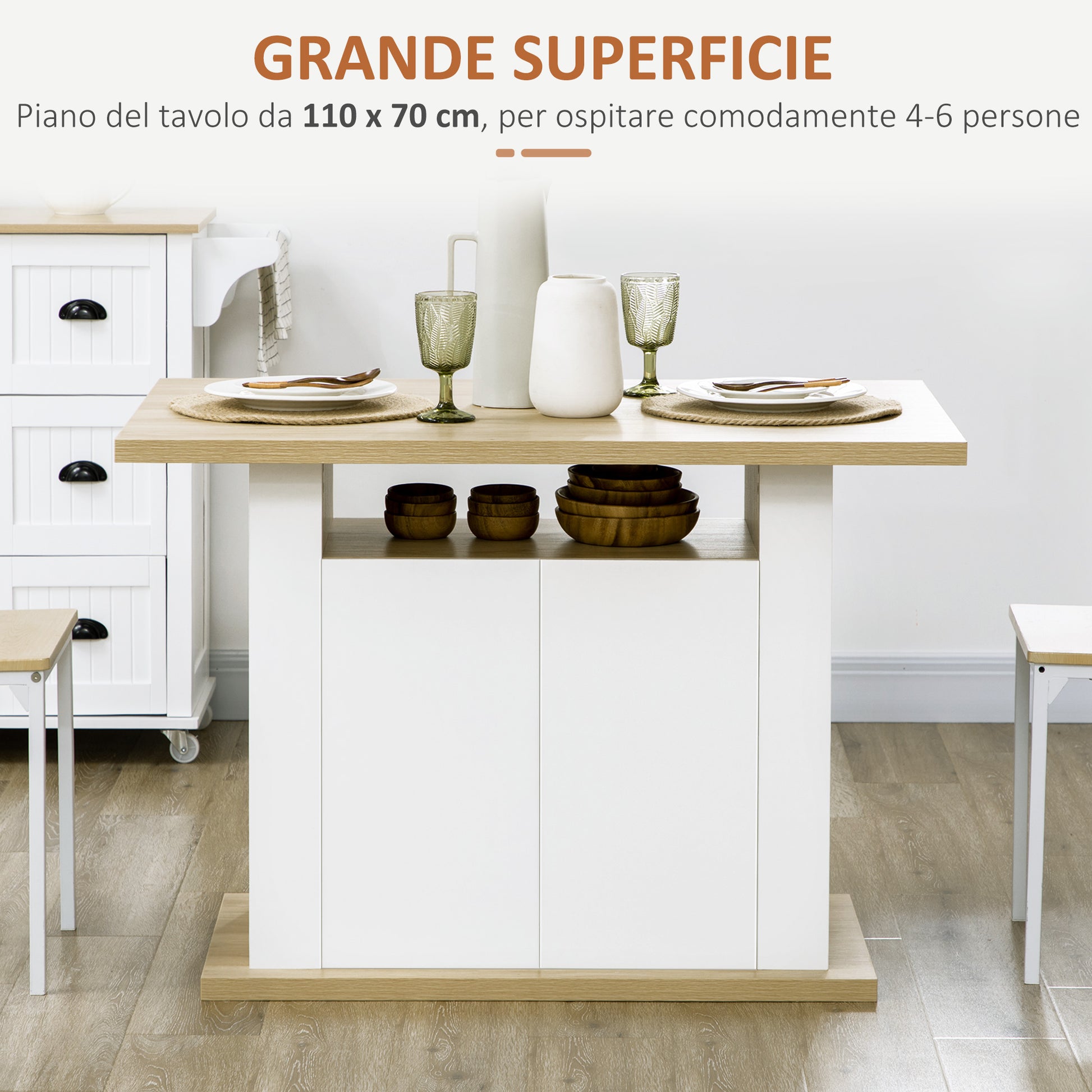 Kitchen Island 4-6 People with Cabinets and Open Shelves, in Chipboard, 110x70x75.5 cm, White and Wood color - Borgè