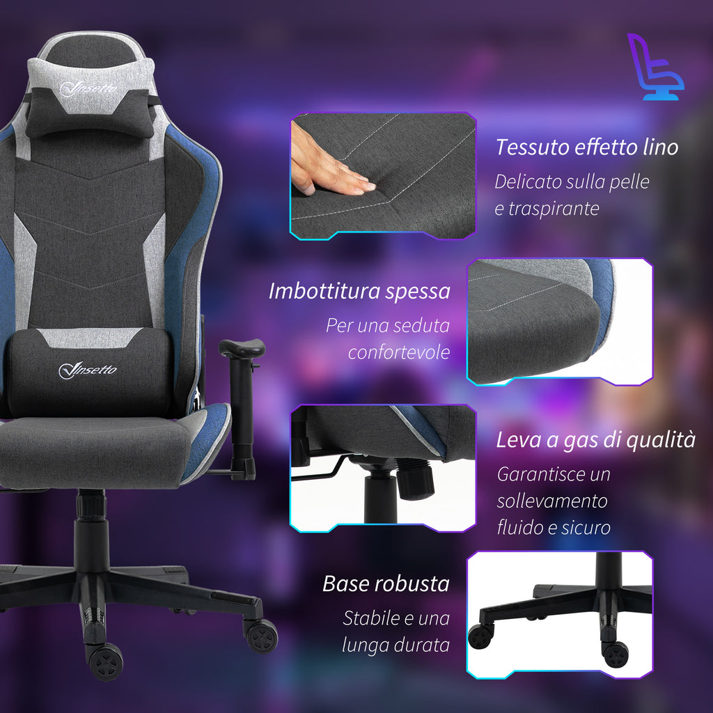 Gaming Chair, 150° Reclining with Rocking Function, in Linen Effect Fabric, 66x53x128-138 cm, Grey