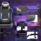 Gaming Chair, 150° Reclining with Rocking Function, in Linen Effect Fabric, 66x53x128-138 cm, Grey