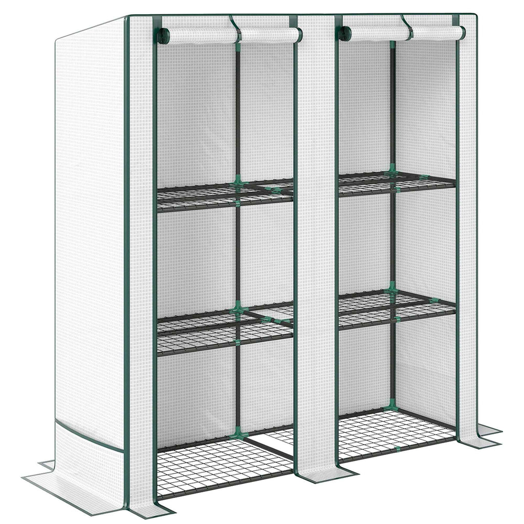Outsunny Garden Greenhouse with 2 Roll-Up Doors, 3-Tier Shelving and Side Pockets, White and Green