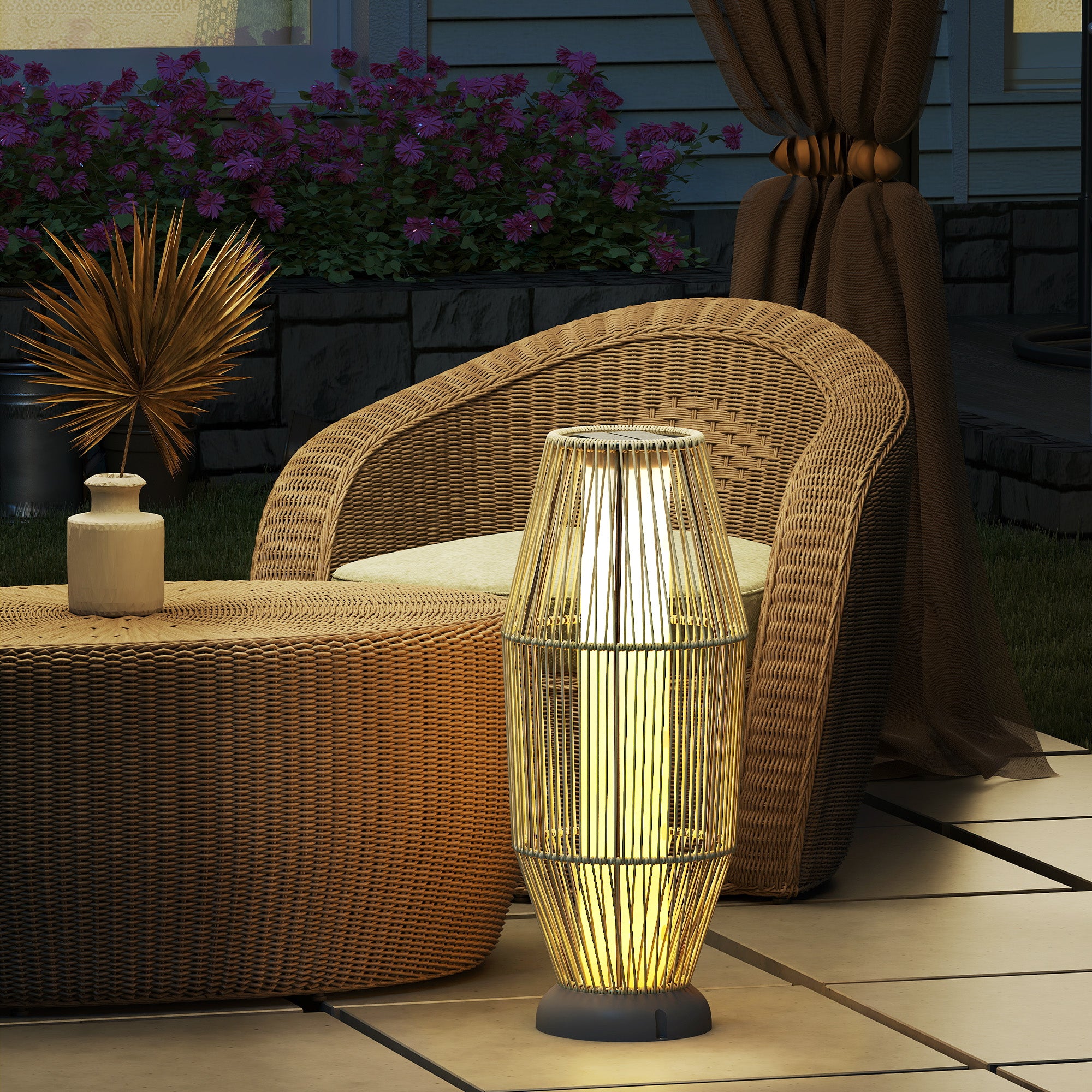 Solar Garden Lamp with LED Lighting, in PE, Rattan and Steel, Ø26x72 cm, Grey