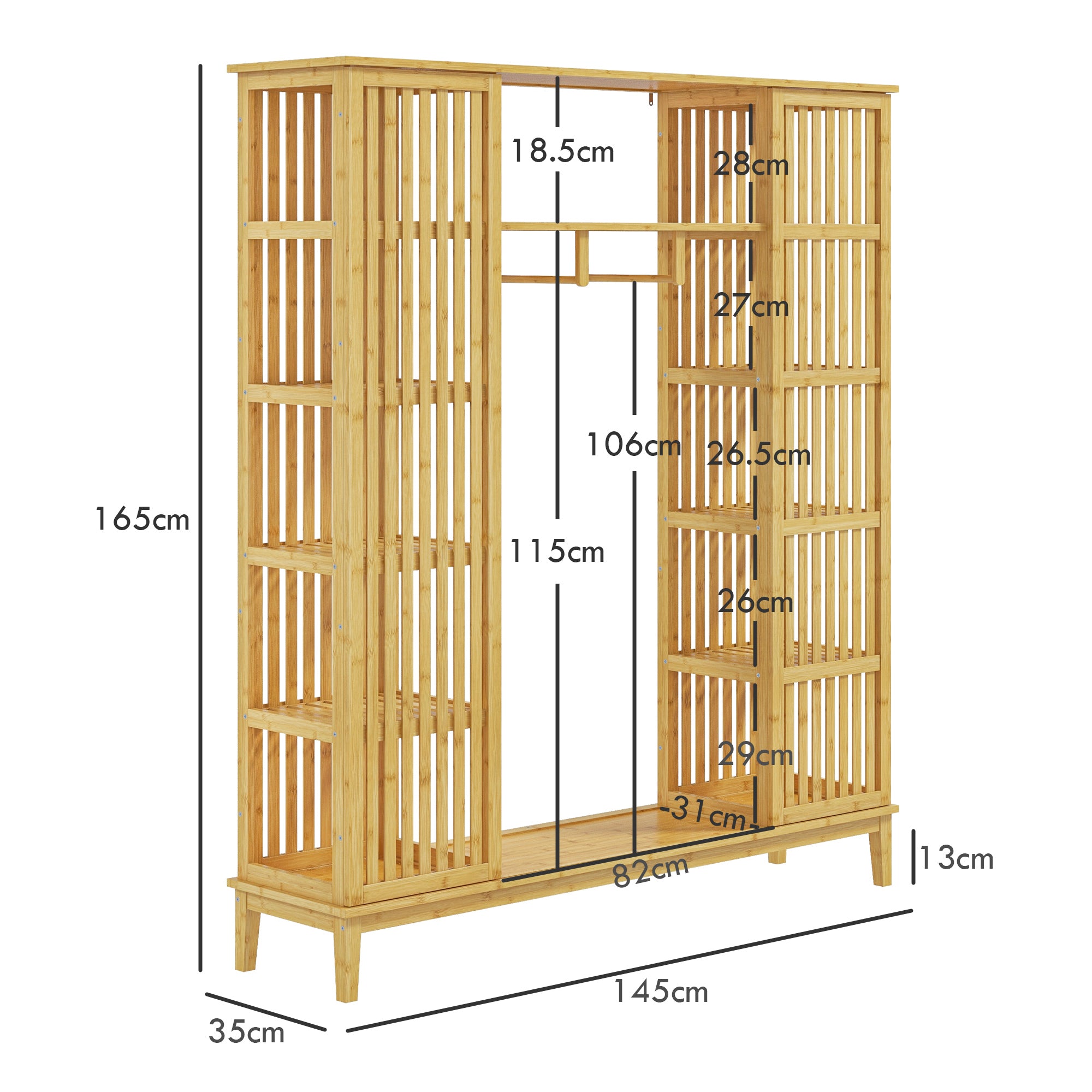 Bamboo Open Wardrobe with 2 Sliding Doors, Open Shelves and Hanging Rail, 145x35x165cm