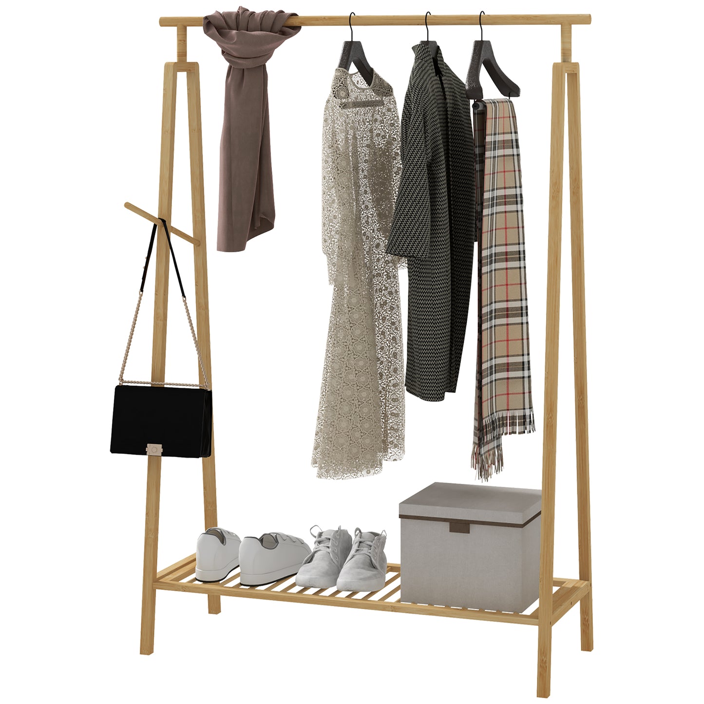 HOMCOM Bamboo Slatted Coat Rack with Side Hanger and Space for Shoes, 110x42x152 cm, Wood color - Borgè