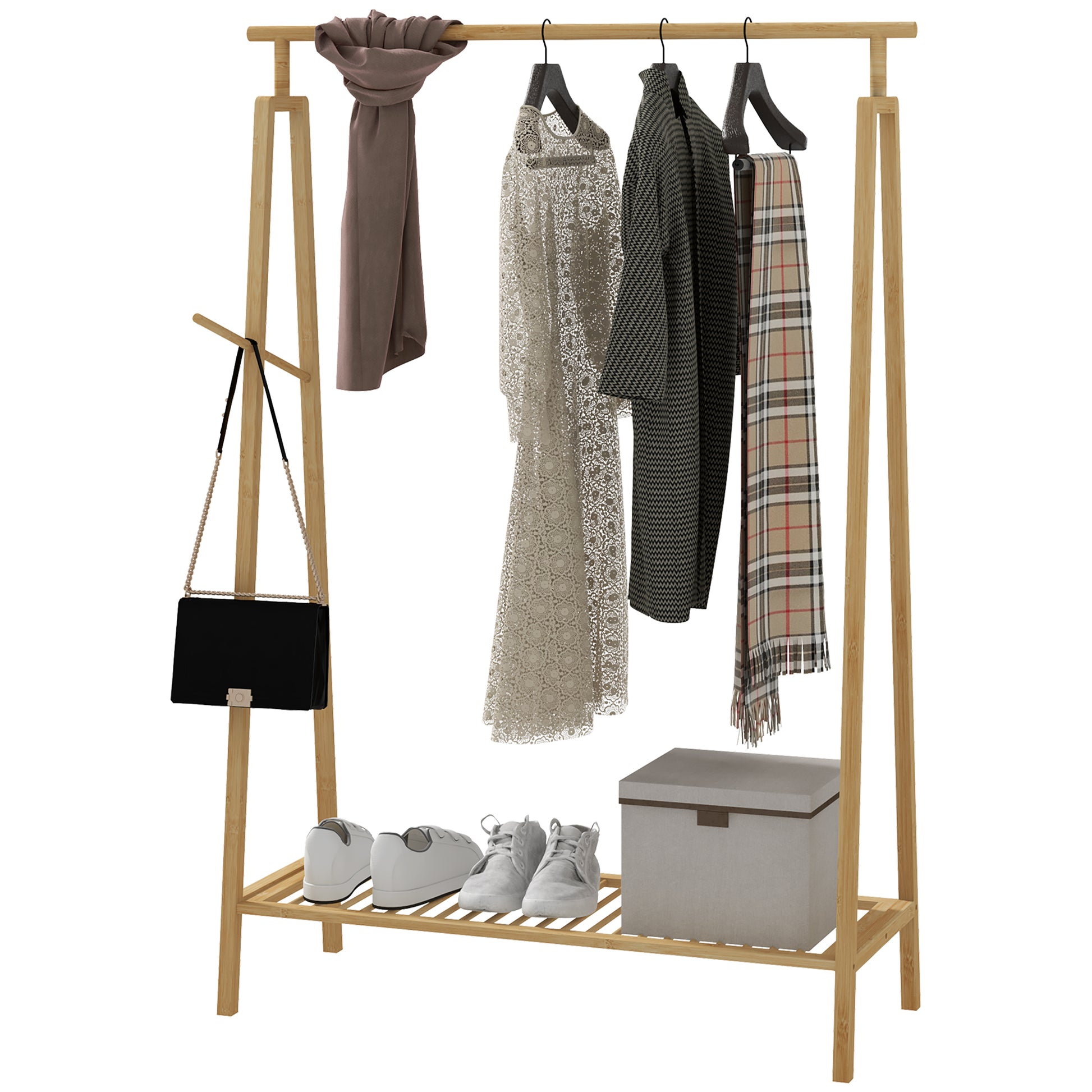 HOMCOM Bamboo Slatted Coat Rack with Side Hanger and Space for Shoes, 110x42x152 cm, Wood color - Borgè