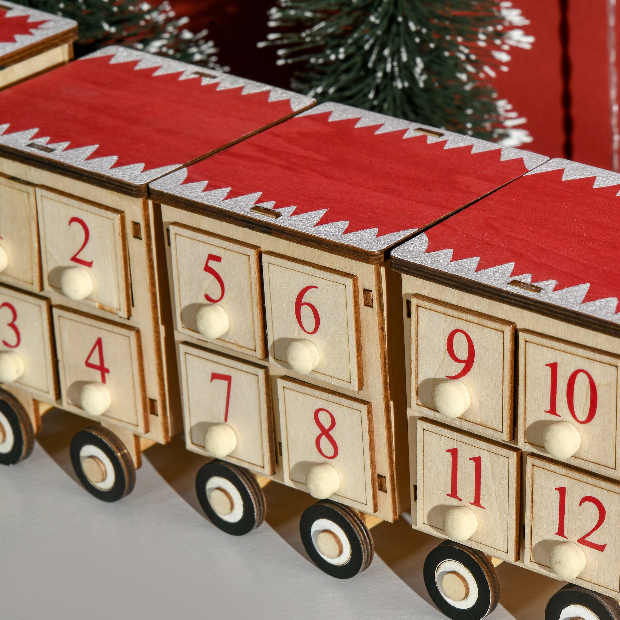 Christmas Advent Calendar Train with Santa Claus and LED Light Included, Plywood, 40x8x11 cm